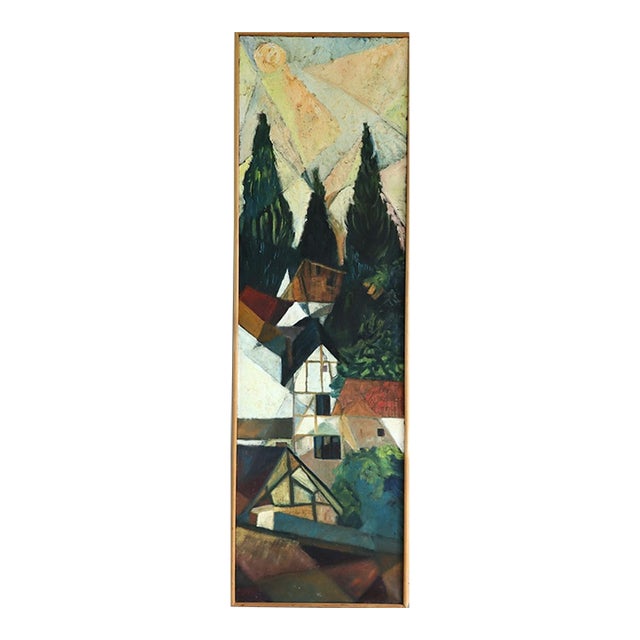 1975 Modernist 'Cubist Hillside' Vintage Swedish Landscape Oil Painting, Framed For Sale
