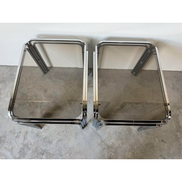 Chrome 1970s Mid-Century Modern Chrome and Smoked Glass Side Tables – Set of 2/ Sold For Sale - Image 8 of 12