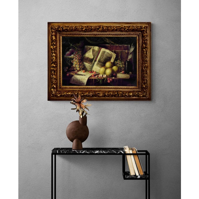 1990s Massimo Reggiani, Still Life with Fruit, Book and Quill, 1990s, Oil Painting on Canvas, Framed For Sale - Image 5 of 7