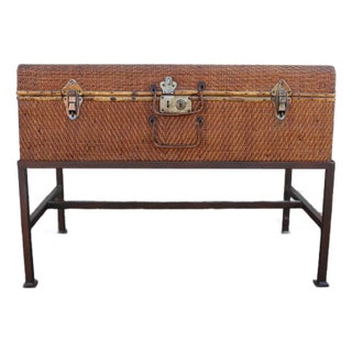 19th Century Woven Rattan & Bamboo Trunk on Metal Stand For Sale