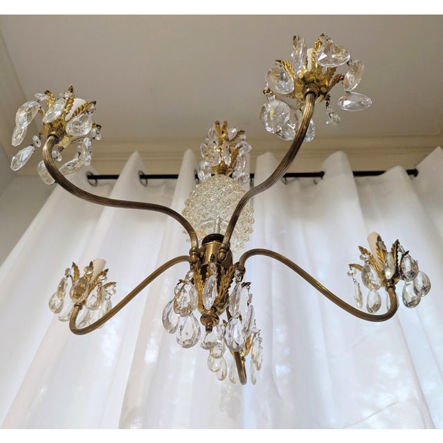 Metal Mid Century Crystal Chandelier FIVE-Light Hollywood Regency Style For Sale - Image 7 of 14
