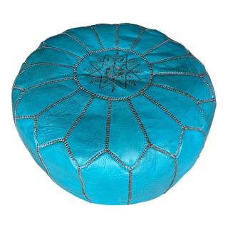 Moroccan Turquoise Embroidered Leather Pouf /Ottoman-Insert For Sale