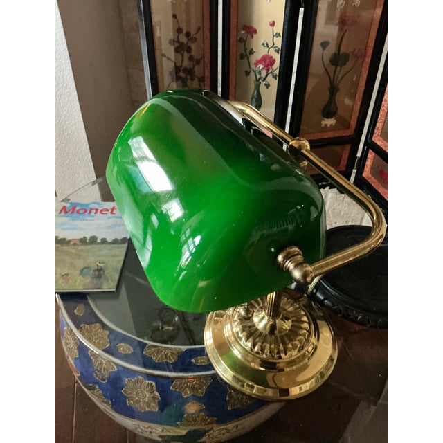 Emerald Vintage Bankers Desk With Green Glass Shade For Sale - Image 8 of 10