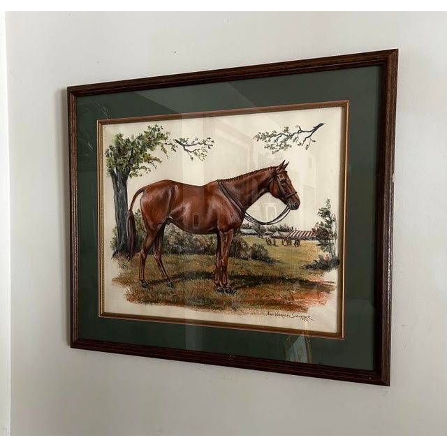 Vintage Large Framed Original Pastel Portrait of a Show Horse For Sale - Image 4 of 6