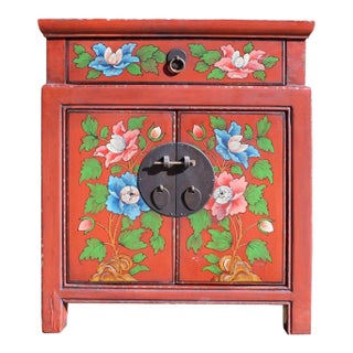 Chinese Oriental Distressed Orange Red Flower End Table Nightstand For Sale