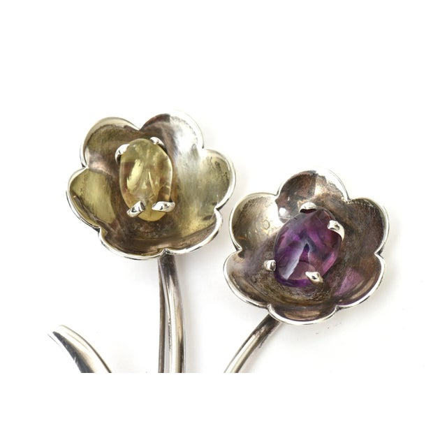 Modern Vintage Sterling Silver, Amethyst, Citrine Flower Pin Brooch Hallmarked For Sale - Image 3 of 8