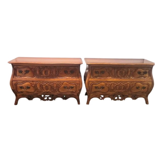 Vintage Century Oversized Solid Wood 2 Drawer French Provincial Rococo Carved Bombe Chests Commode- A Pair For Sale