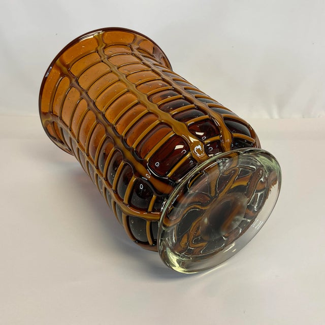 Amber 1980s Handblown Amber Glass Vase With Opaque Grid Design Encased For Sale - Image 8 of 10