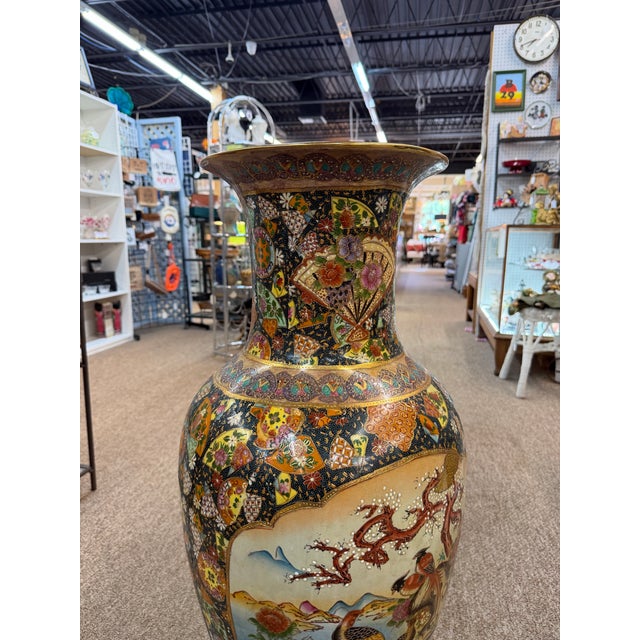 1940s Vintage Japanese Satsuma Moriage Style Embossed Hand Painted Floor Vase 37in For Sale - Image 5 of 8