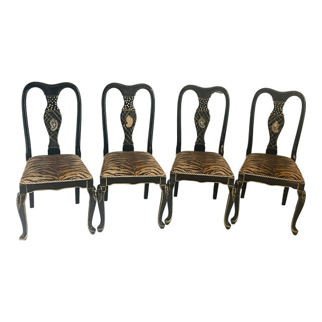 Mackenzie Childs Style 4 Black Lacquer Chairs For Sale