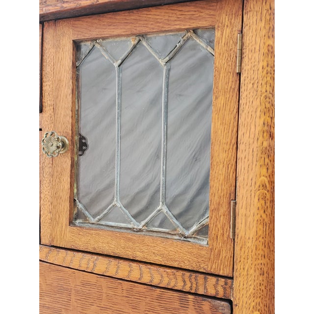 Victorian Tiger Oak Server Sideboard With Leaded Glass Doors & Claw