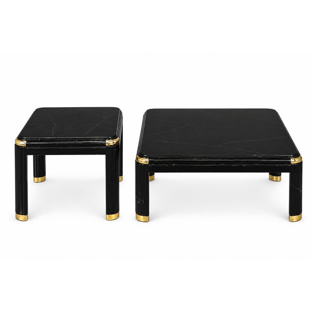 Vintage Postmodern Black Marble-Look Coffee and Side Tables With Brass Accents — Set of 2 For Sale - Image 12 of 12