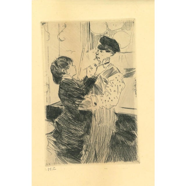 Family Scene is an original etching on brownish paper realized by Jean-Luis Forain (1852-1931). In excellent conditions....