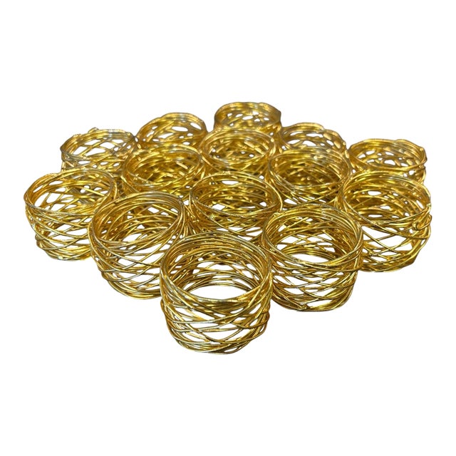 Vintage Sculptural Gold-Tone Woven Metal Napkin Rings – Set of 14 For Sale