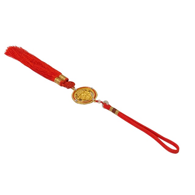 Round Golden Color Manjushri Motif Pendant Red Infinite Knot Tassel Art For Sale - Image 4 of 6