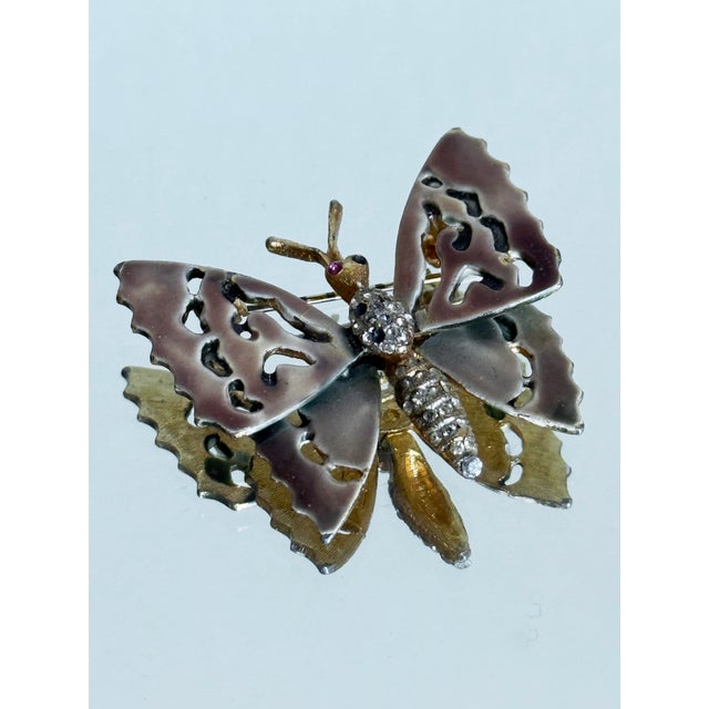 Victorian Vintage Capri 1960s Gold Tone Openwork Butterfly Brooch Florentine Enamel Statement Pin Capri Signed For Sale - Image 3 of 10