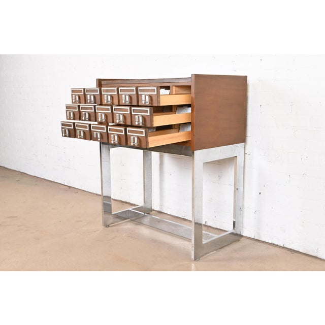 Mid-Century Modern Walnut and Chrome 15-Drawer Library Card Catalog For Sale In South Bend - Image 6 of 12