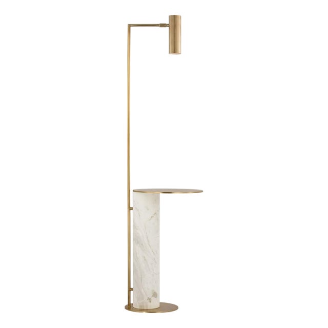Kelly Wearstler by Visual Comfort Signature Alma Tray Table Floor Lamp in Antique-Burnished Brass and White Marble For Sale