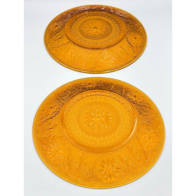 American 1960s Indiana Sandwich Glass Tiara Amber 2pc Set Dinner Plates For Sale - Image 3 of 5