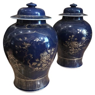 Chinese Powder-Blue Gilt-Decorated Jars, 18th Century, Set of 2 For Sale