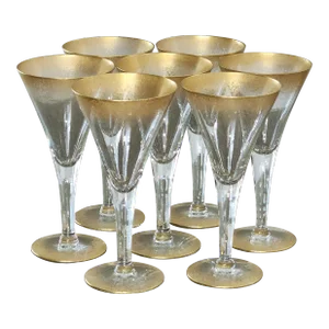 1960s Heavy Gold Flecks on Clear Crystal Glass All Purpose Wine Champagne Flutes- Set of 7