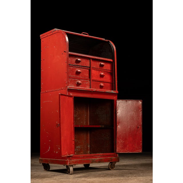Vintage Industrial Wood and Steel Wheeled Workshop Cabinet For Sale - Image 11 of 11