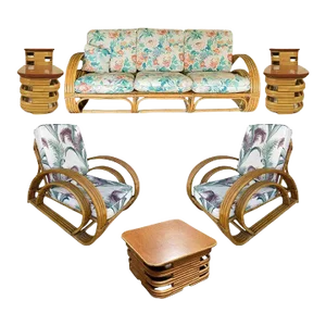 1950s Restored Double Tear Drop Stacked Rattan Lounge Chair Sofa Livingroom Set- 6 Pieces