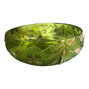 Vintage Olive Green Pressed Glass Botanical Serving Bowl
