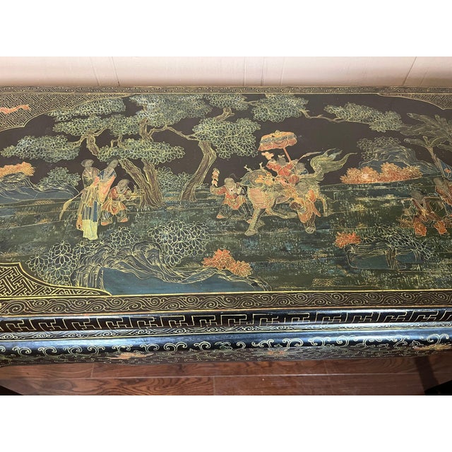 Black Vintage Chinese Console Table Black Lacquer Chinoiserie Gilt Hand Painted C1950 For Sale - Image 8 of 18