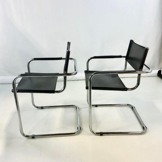 1980s Vintage Contemporary Modern Italian Cantilever Black Leather Side Chairs - A Pair. For Sale - Image 9 of 11