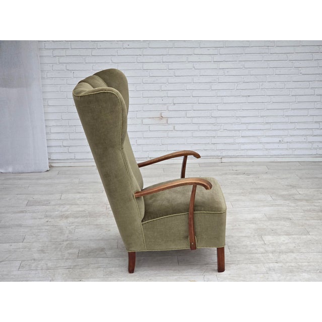 Danish Oak Highback Armchair with Velour Upholstery, 1960s For Sale - Image 9 of 18