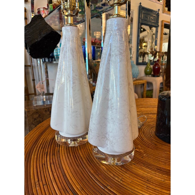 Vintage Murano Style Glass Fluted Scalloped Table Lamps Metallic Veins Newly Wired - a Pair For Sale - Image 11 of 12