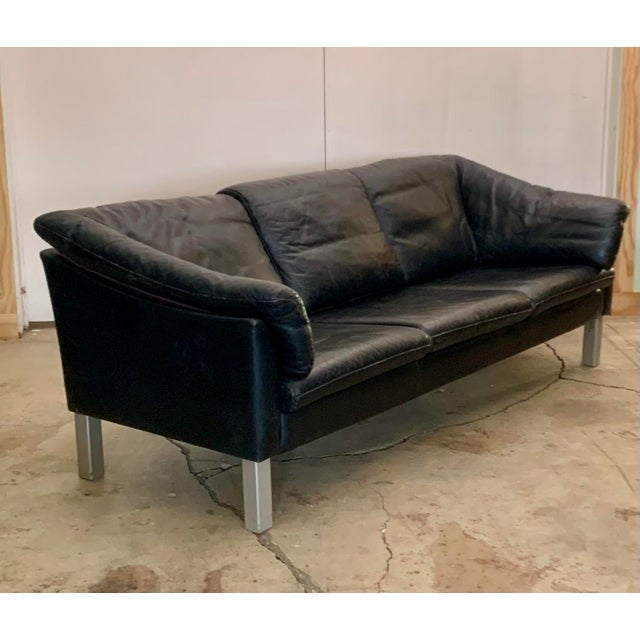 Danish mid-century three seat black leather sofa in the style of Henning Jensen Sofa