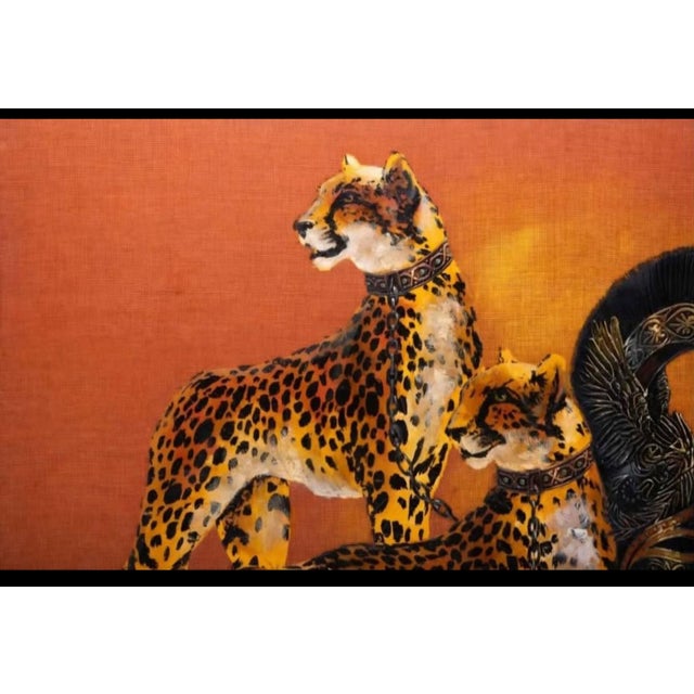 Abstract 1970s Hollywood Regency Cheetahs and Roman Helmet Oil on Burlap, Signed Wyman For Sale - Image 3 of 9