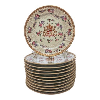 Mid 20th Century Armorial Porcelain Chinese Export Style Plates - 12 Pieces For Sale