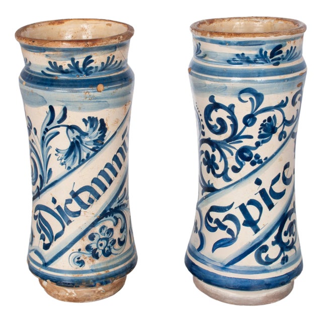 Pair of Antique 17th Century Spanish Blue & White Pottery Albarelli Drug Jars 1680 For Sale
