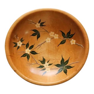 Vintage Munising Hand Painted Signed Wooden Footed Bowl - Floral Dogwood 13.5" - MCM Home Dec - Accent Bowl Decorative For Sale