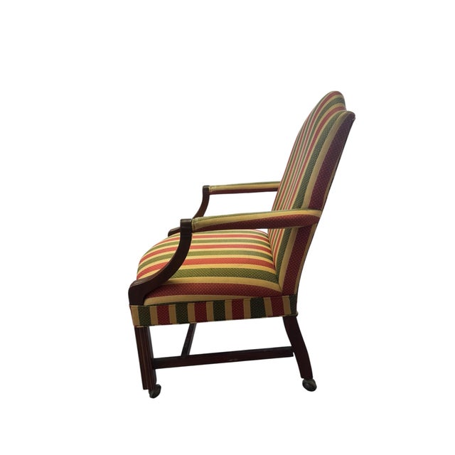 Late 20th Century Hekman Mahogany Regency Style Library Armchair With Brass Casters & Striped Upholstery For Sale - Image 5 of 12