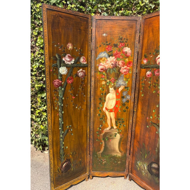 Antique Rococo French Three-Fold Hand-Painted Wood Romantic Cherub and Floral Room Divider, 1890s For Sale - Image 3 of 18