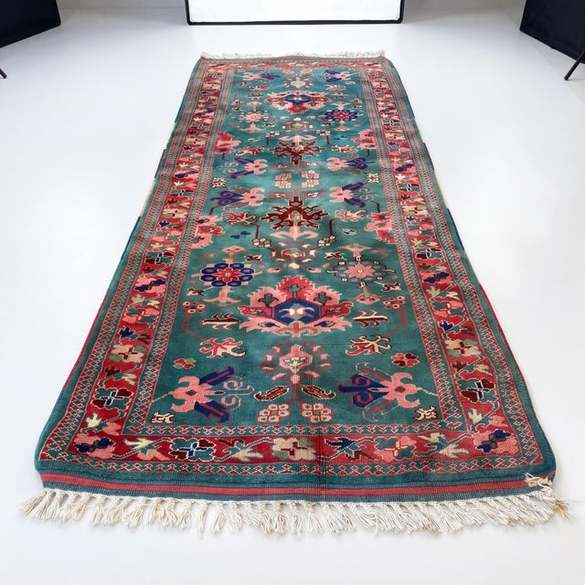 Turquoise Mid-Century Hand Knotted Floral Turquoise Pink Wool Rug For Sale - Image 8 of 8