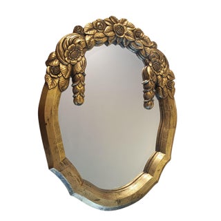 Art-Deco French Mirror in Gilt Carved Wooden Frame with Geometric Floral Design, 1930s For Sale