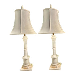Mid 20th Century Neoclassical Style White Alabaster Lamps With Shades and Vintage Finials For Sale