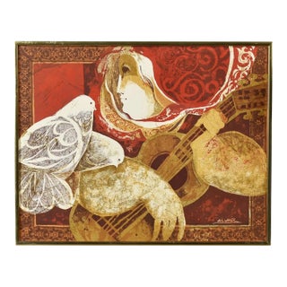 Spanish Artist Sunol Alvar the Guitarist and the Pigeons Framed Lithograph For Sale