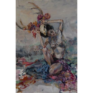 These Ghosts of Mine by Jaclyn Alderete | Oil on board Painting of a woman with a skull and flowers For Sale