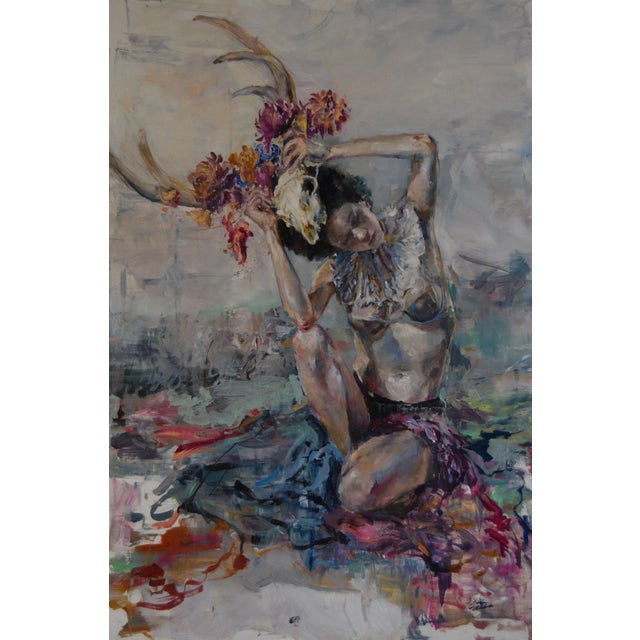 These Ghosts of Mine by Jaclyn Alderete | Oil on board Painting of a woman with a skull and flowers For Sale