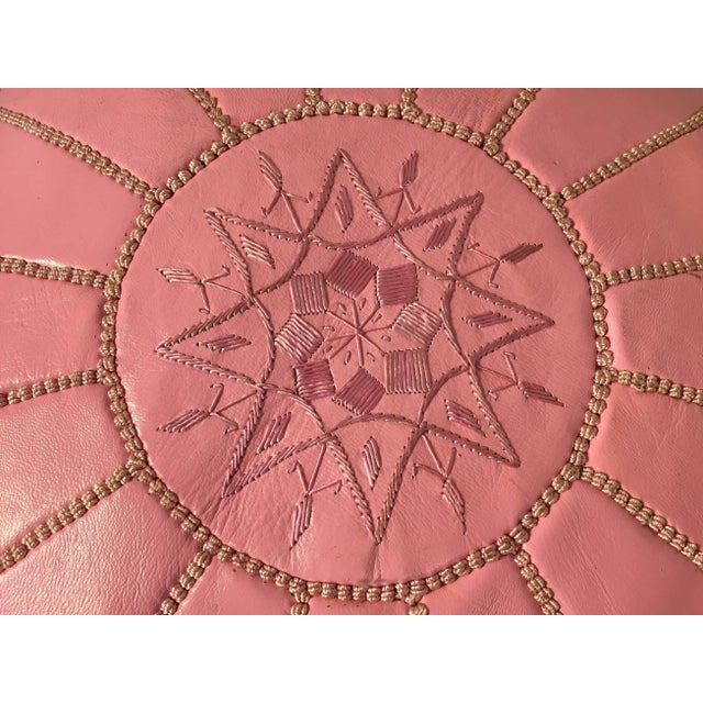 Animal Skin Vintage Mid Century Moroccan Baby Pink Color Hand Tooled Leather Pouf For Sale - Image 7 of 9