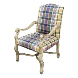 Vintage Southwood Furniture French Neoclassical Lounge Chair in Distressed Beige With Carved Acanthus Leaves For Sale
