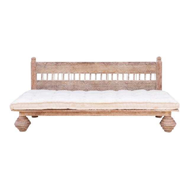 Carved Floral Whitewash Reclaimed Wood Daybed For Sale