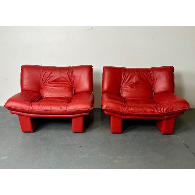 Italian Modern Leather Pair of Arm, Lounge Chairs, Bitonto, Red Leather Chairish