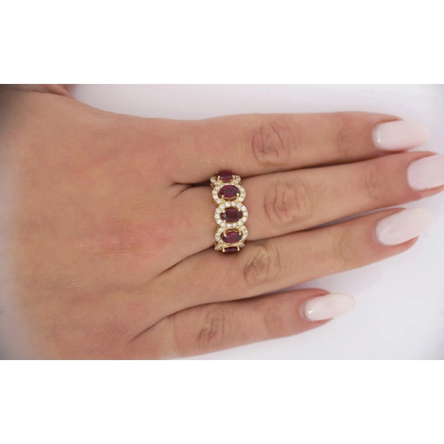 3.43 Carat Oval Cut Ruby and Diamond Halo Wedding Band Ring in 18K Gold For Sale - Image 9 of 9